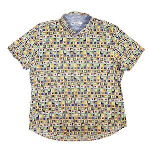 Mr Turk Geometric Camp Shirt Mens 2XL* Orange Blue Abstract Retro Designer Trina
